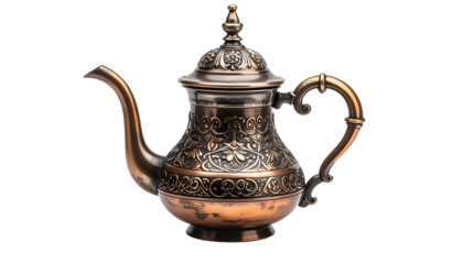 Ornate copper teapot with intricate floral patterns, spout, and handle against a black backdrop