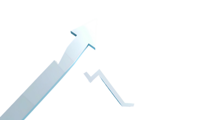 A graphic showing two blue, three-dimensional arrows, one upward and one down, on black