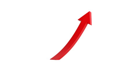 Red 3D arrow pointing upwards against a black background, representing growth