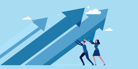 Teamwork propelling growth people pushing large blue arrows toward the sky