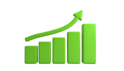3D-rendered green bar graph with ascending bars and an upward-pointing arrow on black
