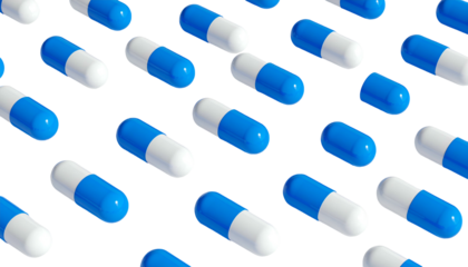 Isometric view of scattered blue and white capsules on a black background, suggesting medication
