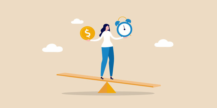 Balancing financial priorities a woman weighing money and time on a seesaw