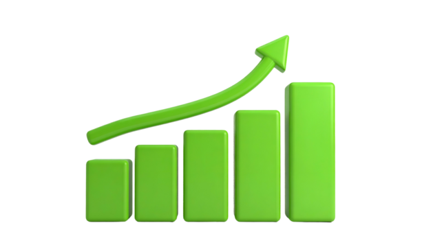 3D-rendered green bar graph with ascending bars and an upward-pointing arrow on black - Powered by Adobe