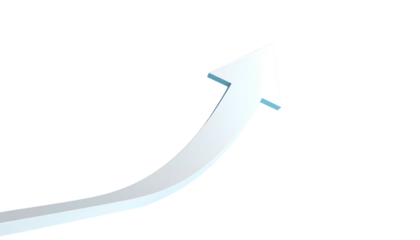 Curved, white upward arrow with subtle blue shadow against a stark black background