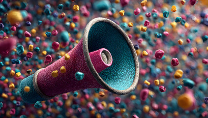 Megaphone announces a burst of confetti colorful celebration a vibrant explosion of joy and news colorful fragments float in mid air event promotion