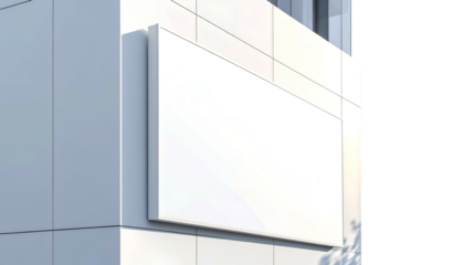 Exterior view of a modern building with a large, blank rectangular sign