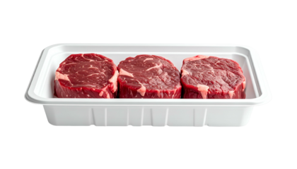 Three raw, round steaks neatly arranged in a white, plastic food tray against a black background