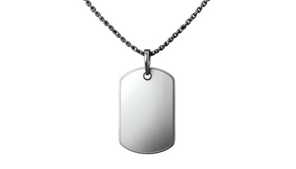 Fototapeta premium Shiny, blank rectangular metal tag pendant suspended by a textured, metallic chain