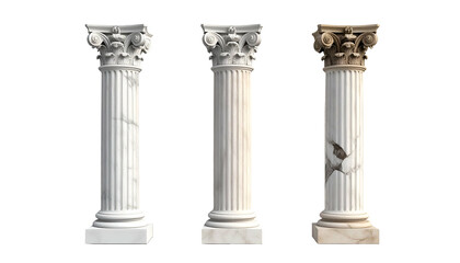 Obraz premium Three white fluted columns with ornate capitals, isolated against a black background