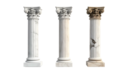 Three white fluted columns with ornate capitals, isolated against a black background