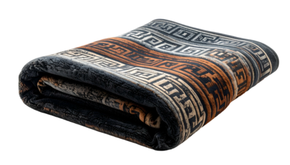 Folded blanket showcasing a geometric pattern with shades of brown, gray, and cream