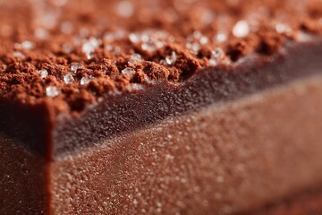 Macro view of a decadent chocolate dessert topped with cocoa powder and sugar crystals