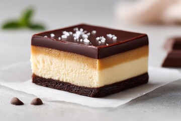 Decadent salted caramel chocolate cheesecake slice topped with sea salt crystals