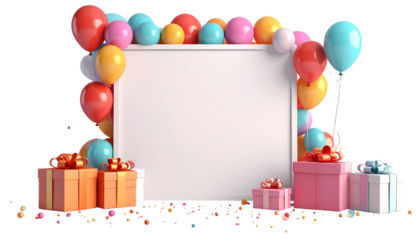 A framed blank rectangle decorated with colorful balloons, confetti, and gift boxes