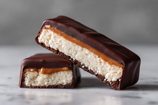 Close-up of a decadent chocolate bar with nougat and caramel filling, cut in half