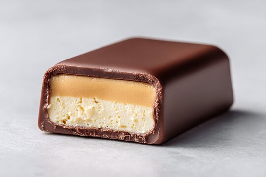 Close-up of a chocolate candy bar with a nougat and caramel filling