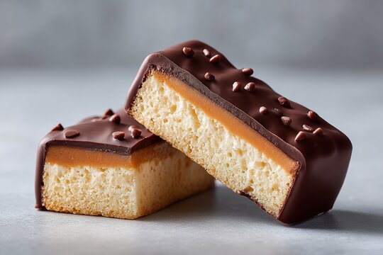 Close-up of decadent chocolate covered caramel shortbread bars with sprinkles