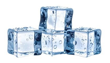 Close-up of four transparent, glistening ice cubes, reflecting light on black background