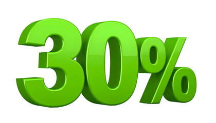 Shiny, green, 3D numerals indicating thirty percent discount, isolated on a black background