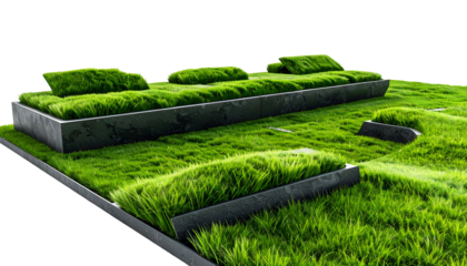 Lush green outdoor installation with rectangular platforms covered in vibrant grass