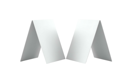 Two white, folded cards, positioned to form an "M" shape, against a black backdrop