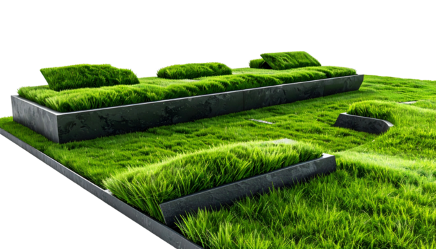 Lush green outdoor installation with rectangular platforms covered in vibrant grass - Powered by Adobe