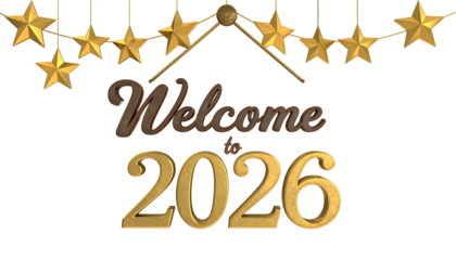 Golden stars and welcome message, in a festive font, welcoming the year 2026 on a black background