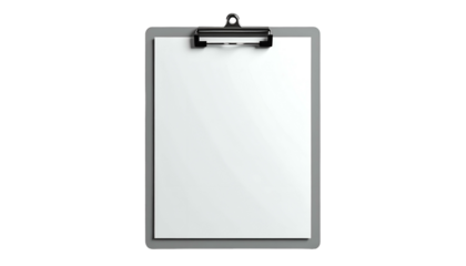 A vertical image of a clipboard holding blank white paper against a black background