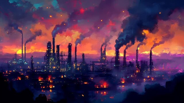 Air pollution. Environment conservation. Industry. A vivid, atmospheric digital artwork of an industrial landscape during twilight.