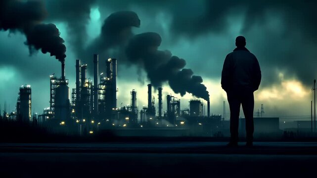 Air pollution. Environment conservation. Industry. A silhouette of a man standing against a dramatic sky with industrial structures in the background. The man is facing away from the camera.