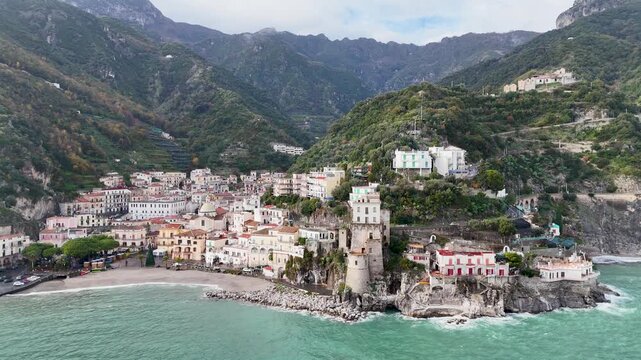 Aerial view of Cetara, a small town along the Amalfi Coast, Salerno, Campania, Italy.