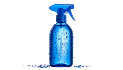 Transparent blue spray bottle with water droplets, isolated on black