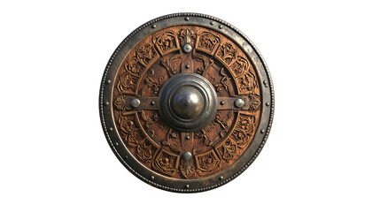 A round, ornate wooden shield with metal trim and central boss, isolated on black