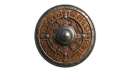 A round, ornate wooden shield with metal trim and central boss, isolated on black