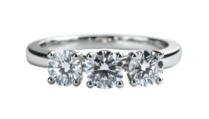 A dazzling three-stone ring with brilliant-cut diamonds on a smooth, silver band, centered