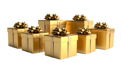 Seven golden gift boxes with intricate bows on a black background, a festive arrangement