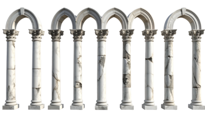 Seven white marble arches with ornamented capitals, a classic architectural design