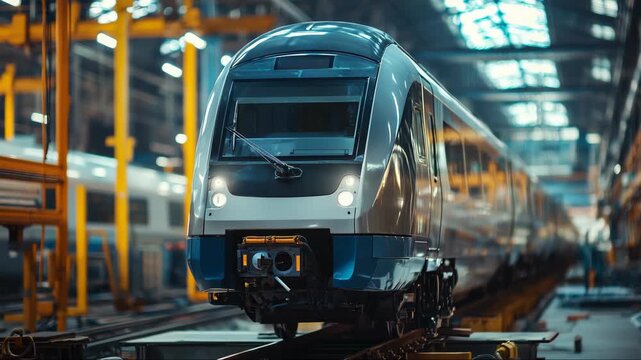 Modern electric train front inside maintenance depot