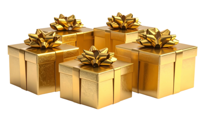 Five gold gift boxes, square, with gold bows, arranged on a black background