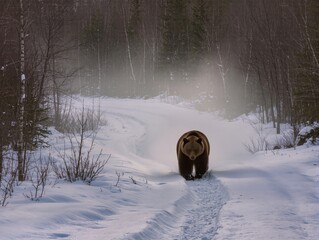 Bear walks down snowy path in forest during winter with trees in background