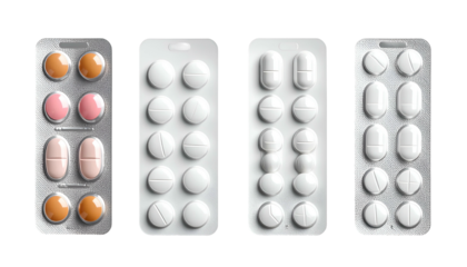 Four blister packs of assorted pills against a black background