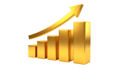 Golden 3D bar chart with an upward-pointing arrow on a black background