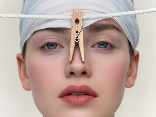 Model with cloth on head holding wooden clip in a studio setting at daytime