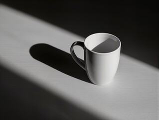 White mug on a table with a shadow cast by sunlight in an indoor setting during the day