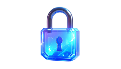 A glowing, stylized padlock with a futuristic, crystalline design on a black background