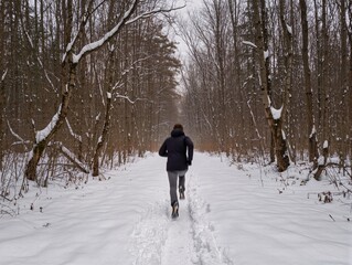 A boy runs through a snowy path in a forest during winter. The sun shines as he moves among tall trees, kicking up snow from the ground.
