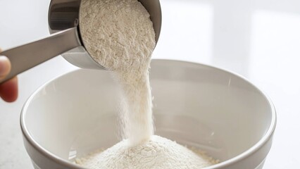 stainless steel measuring cup pouring white flour into a ceramic bowl for culinary blogs, recipe websites, baking tutorials, cookbook design and food industry presentations, with copy space
