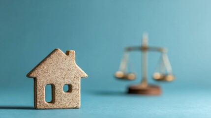 Symbolic Representation of Housing Law With House and Balance Scale on a Blue Background Showcasing the Connection Between Housing and Legal Matters