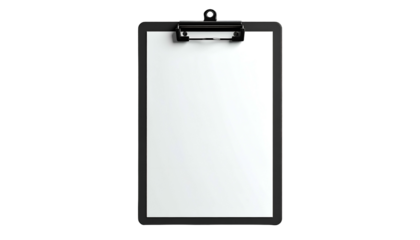 A blank white paper sheet clipped to a black rectangular clipboard against a stark black background